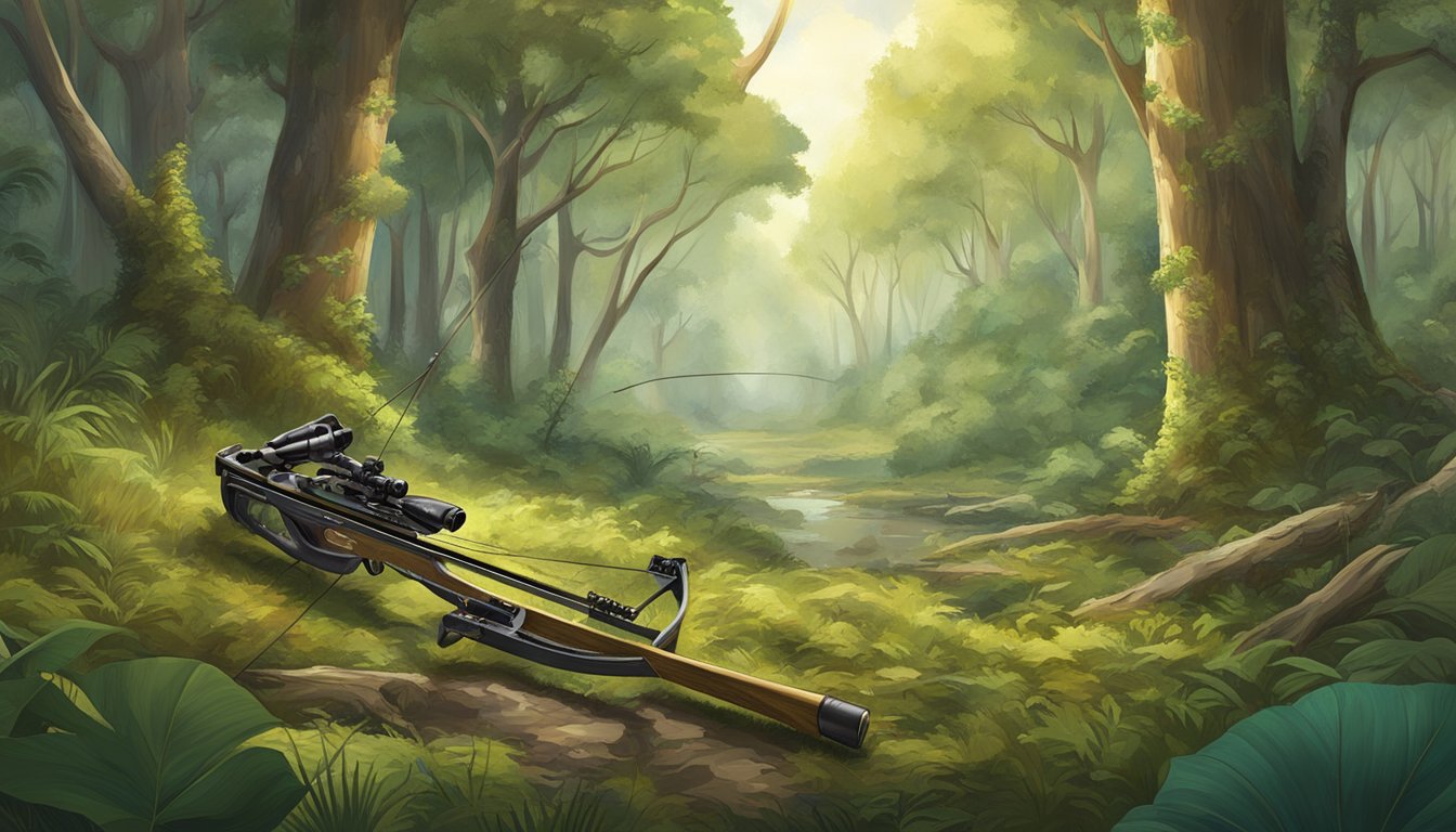 A lush forest clearing with a traditional crossbow and modern technology, surrounded by diverse wildlife