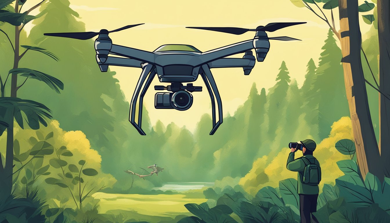 A drone hovers over a lush forest, capturing images of wildlife from a safe distance. A hunter stands nearby, observing the animals with binoculars