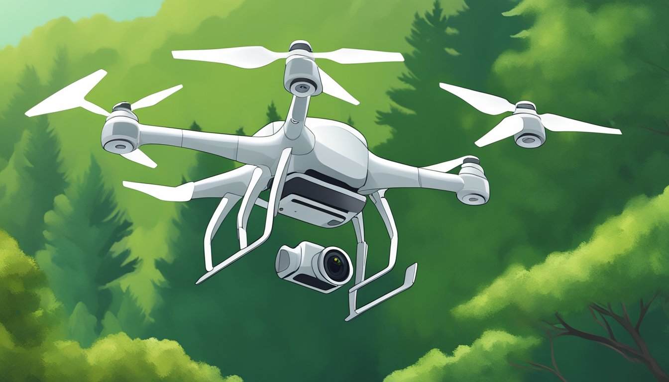 A drone hovers above a lush, green forest, capturing images of wildlife management and conservation practices in action