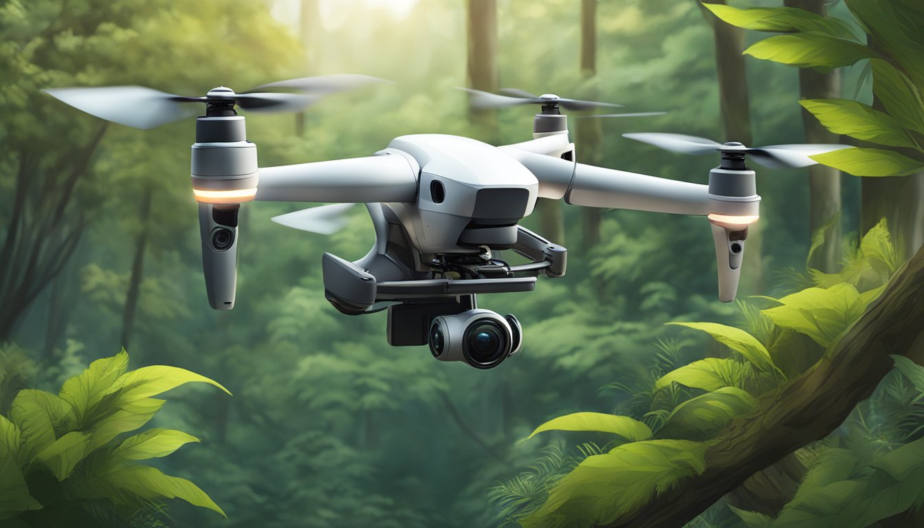 A drone hovers over a lush forest, capturing images of wildlife for conservation and monitoring purposes