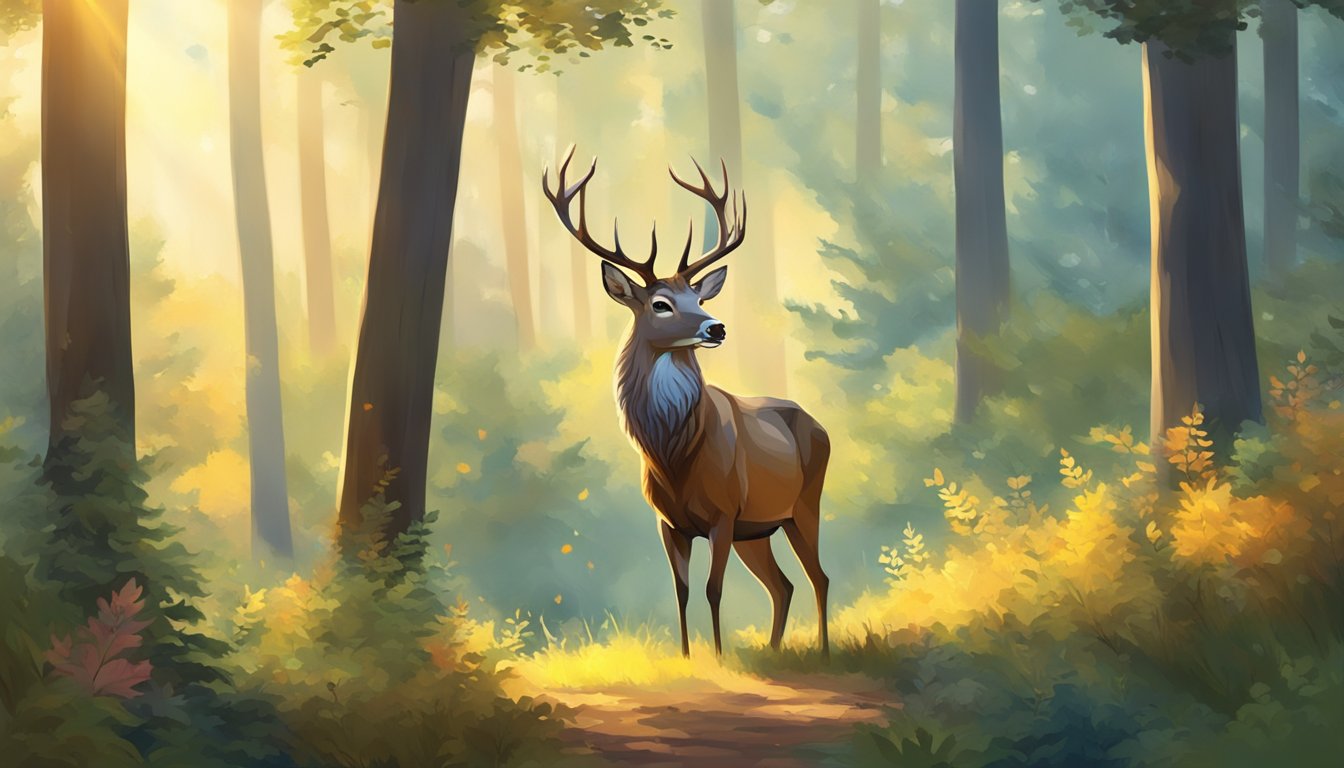 A majestic deer stands in a peaceful forest clearing, surrounded by vibrant foliage and dappled sunlight filtering through the trees