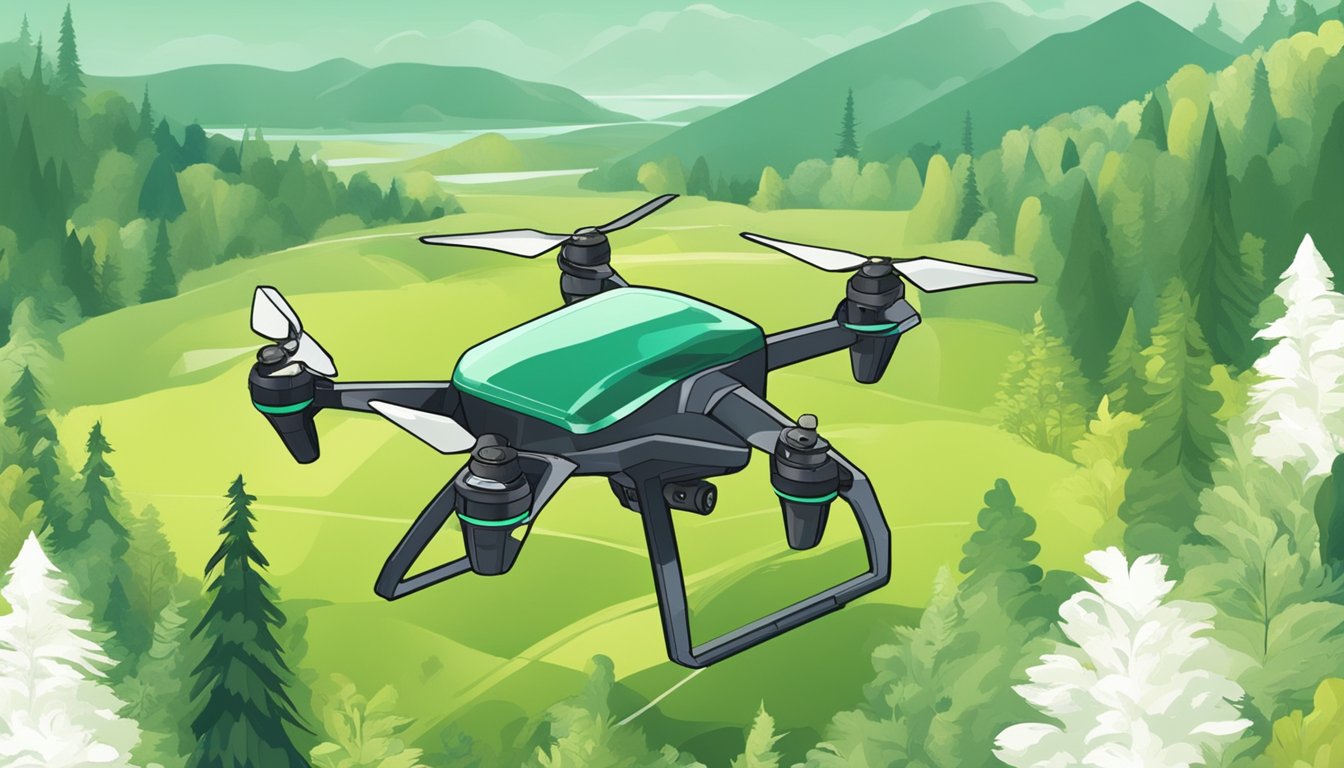 A drone hovers above a forest, monitoring wildlife and hunting activities. The landscape is lush and green, with various animals roaming freely