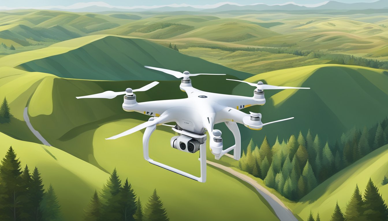 A drone hovers above a vast, open landscape, with rolling hills and scattered trees. It is surveying the area for wildlife management and hunting purposes