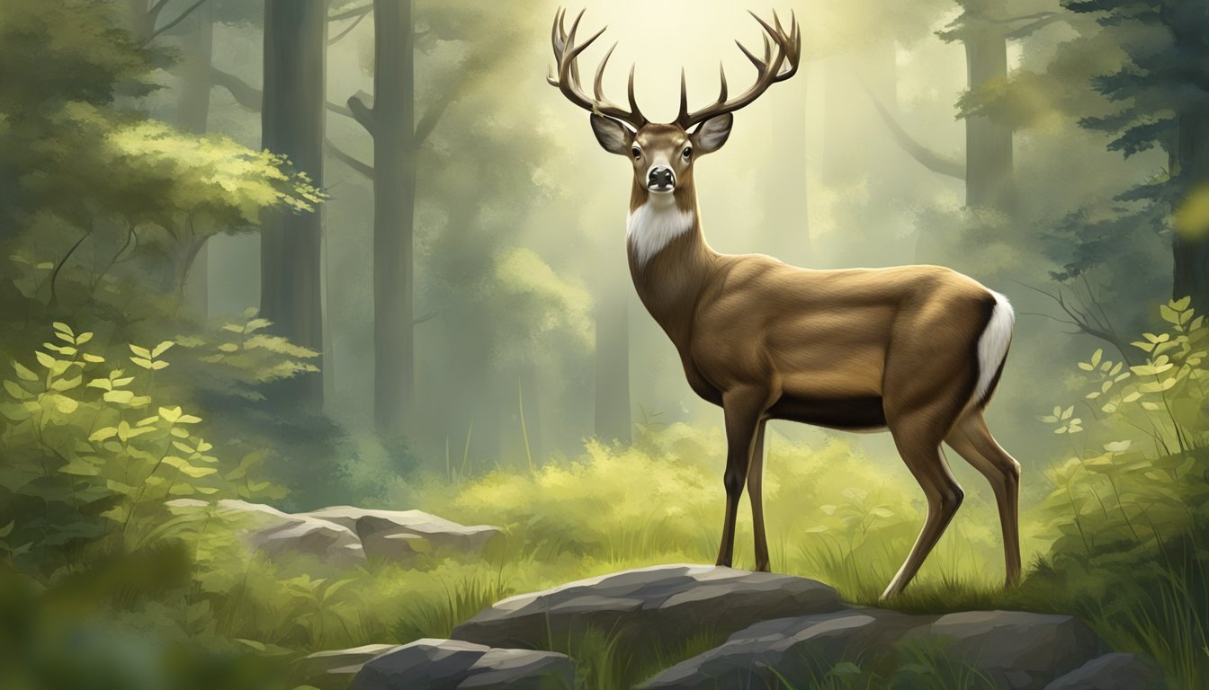 A taxidermy deer stands proudly in a natural setting, surrounded by lush greenery and wildlife. Its noble posture and serene expression convey respect for the animal