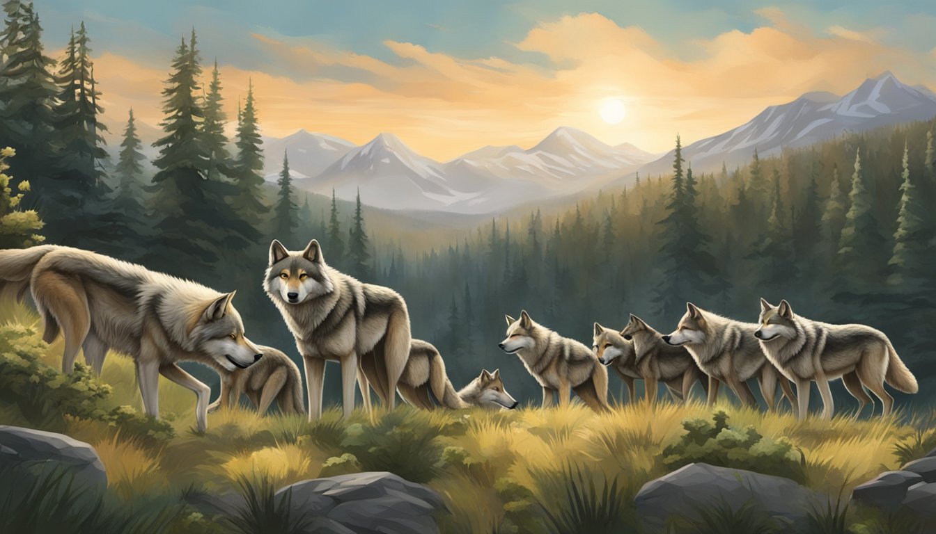 A pack of wolves roam freely through a lush, untamed wilderness, their presence signaling a thriving ecosystem