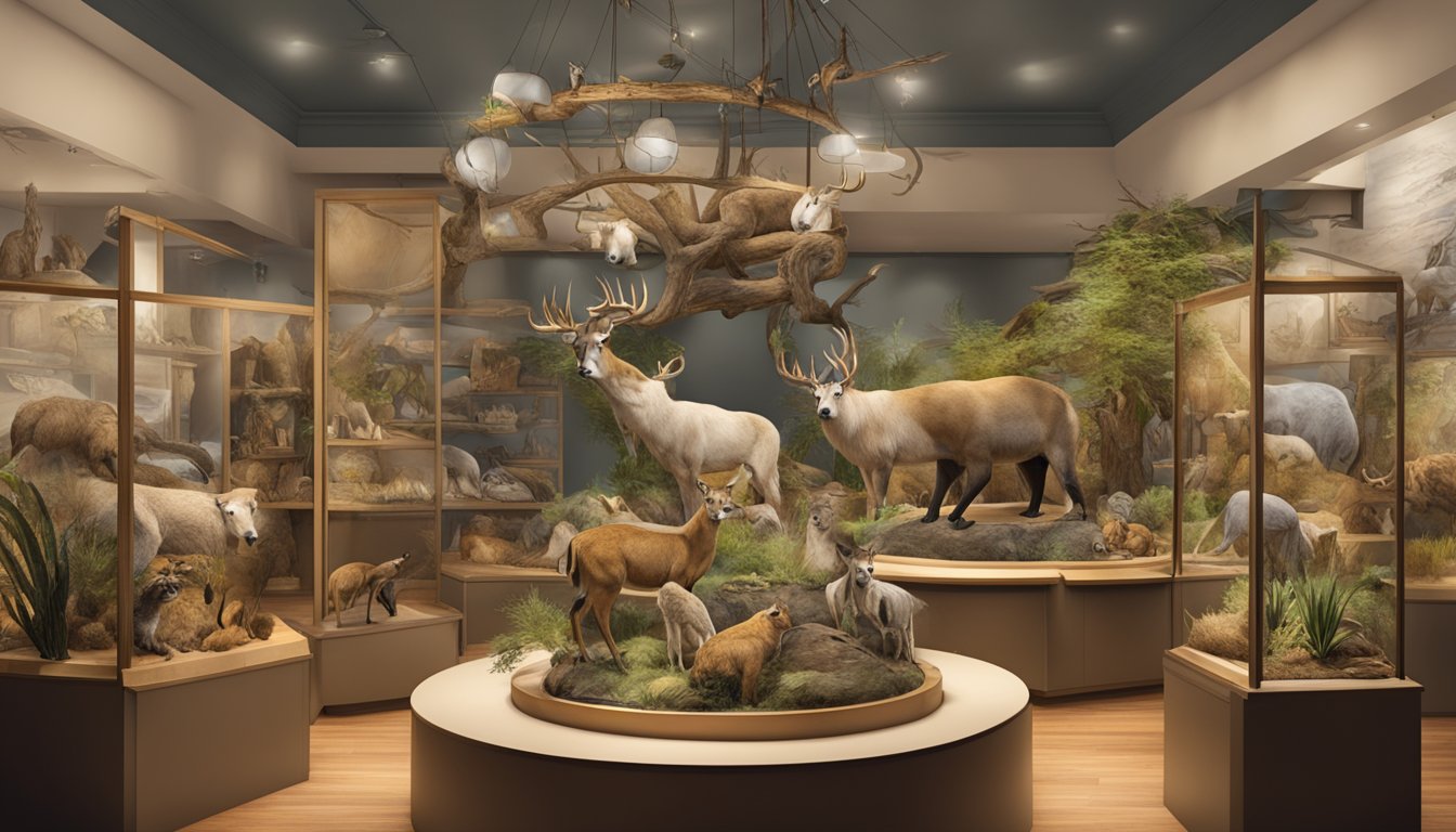 A taxidermy display featuring a variety of animals in natural poses, surrounded by educational information and artful elements