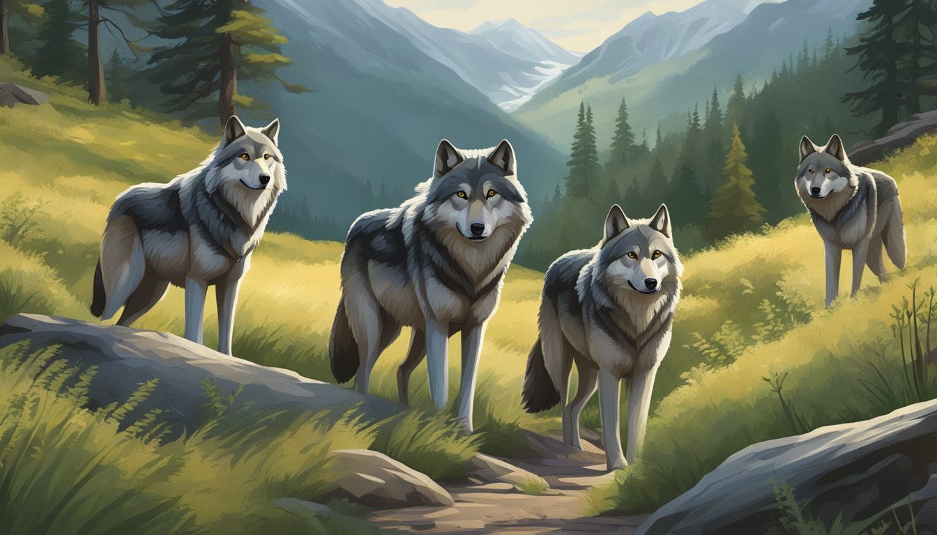 A pack of wolves roam through a lush, mountainous landscape, their powerful presence dominating the scene