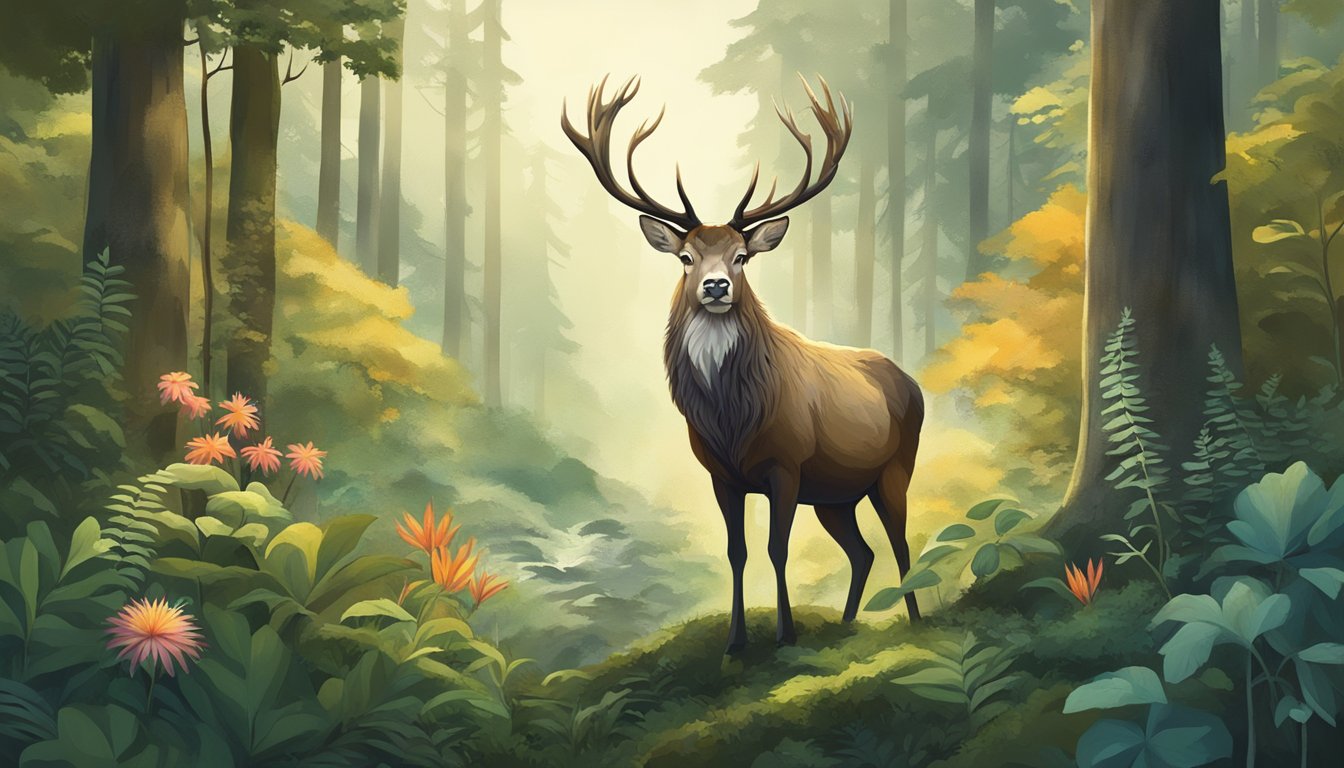 A majestic stag stands proudly in a lush forest, surrounded by diverse wildlife and thriving flora. The scene exudes harmony and respect for nature