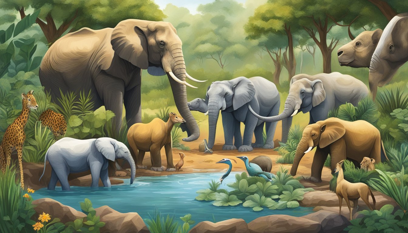 A diverse group of animals and plants gather around a watering hole, representing the unlikely alliances formed in wildlife conservation