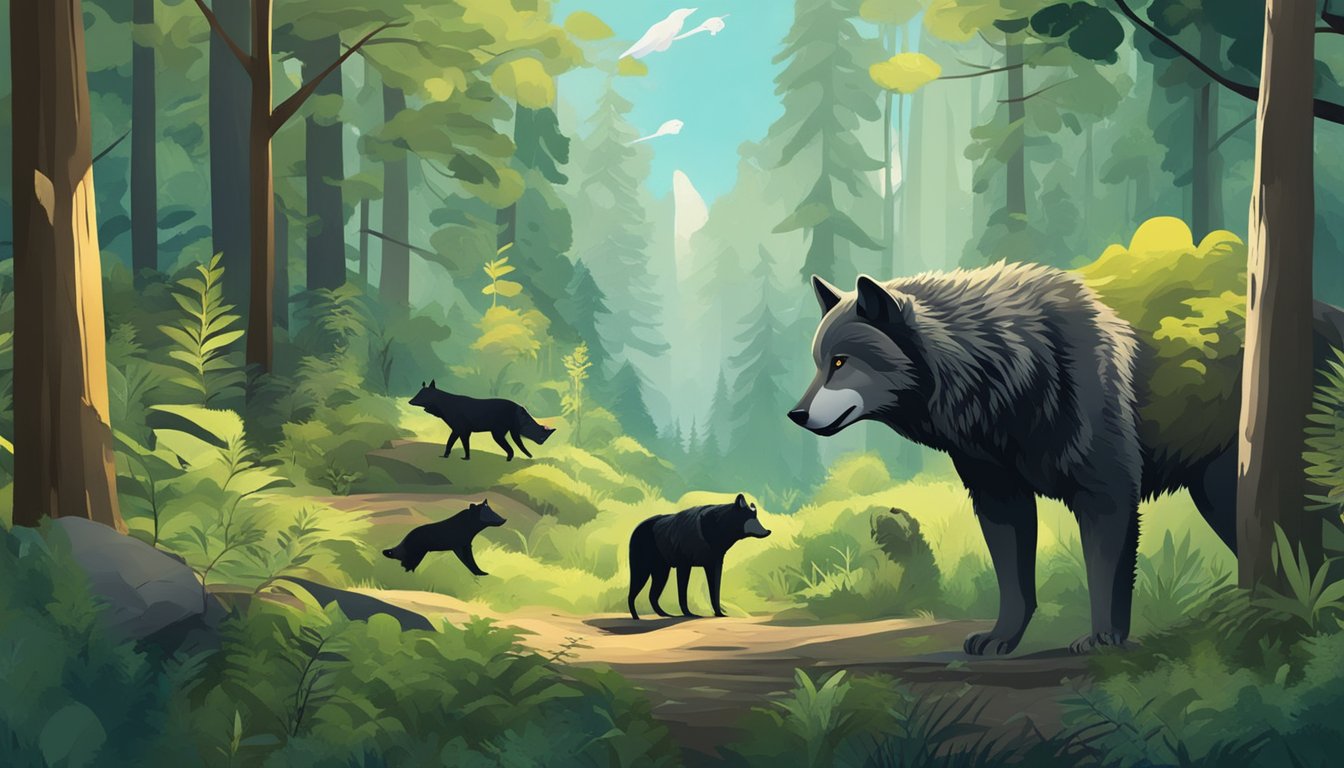 A lush forest with diverse wildlife, including wolves and bears roaming freely. Prey species coexist, creating a balanced ecosystem