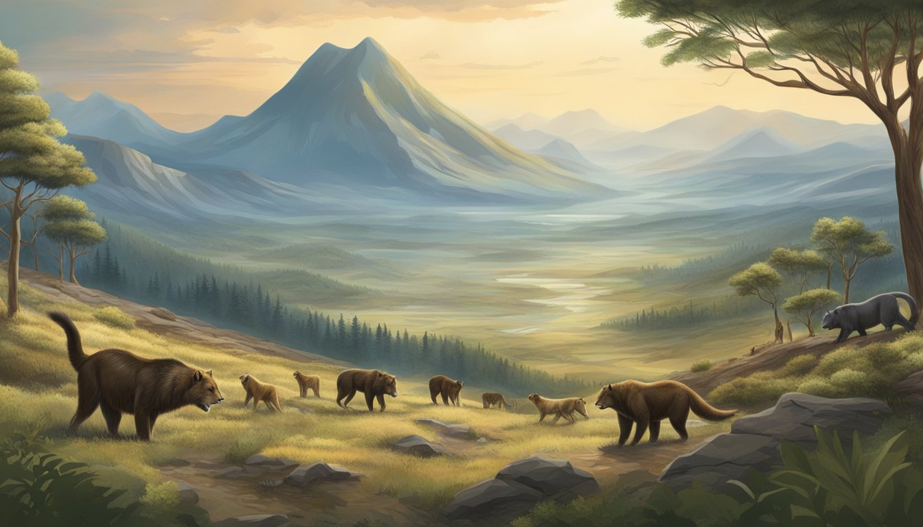 A vast landscape with diverse terrain, showcasing large carnivores in their natural habitat. The predators roam freely, emphasizing the concept of rewilding and apex species reintroduction