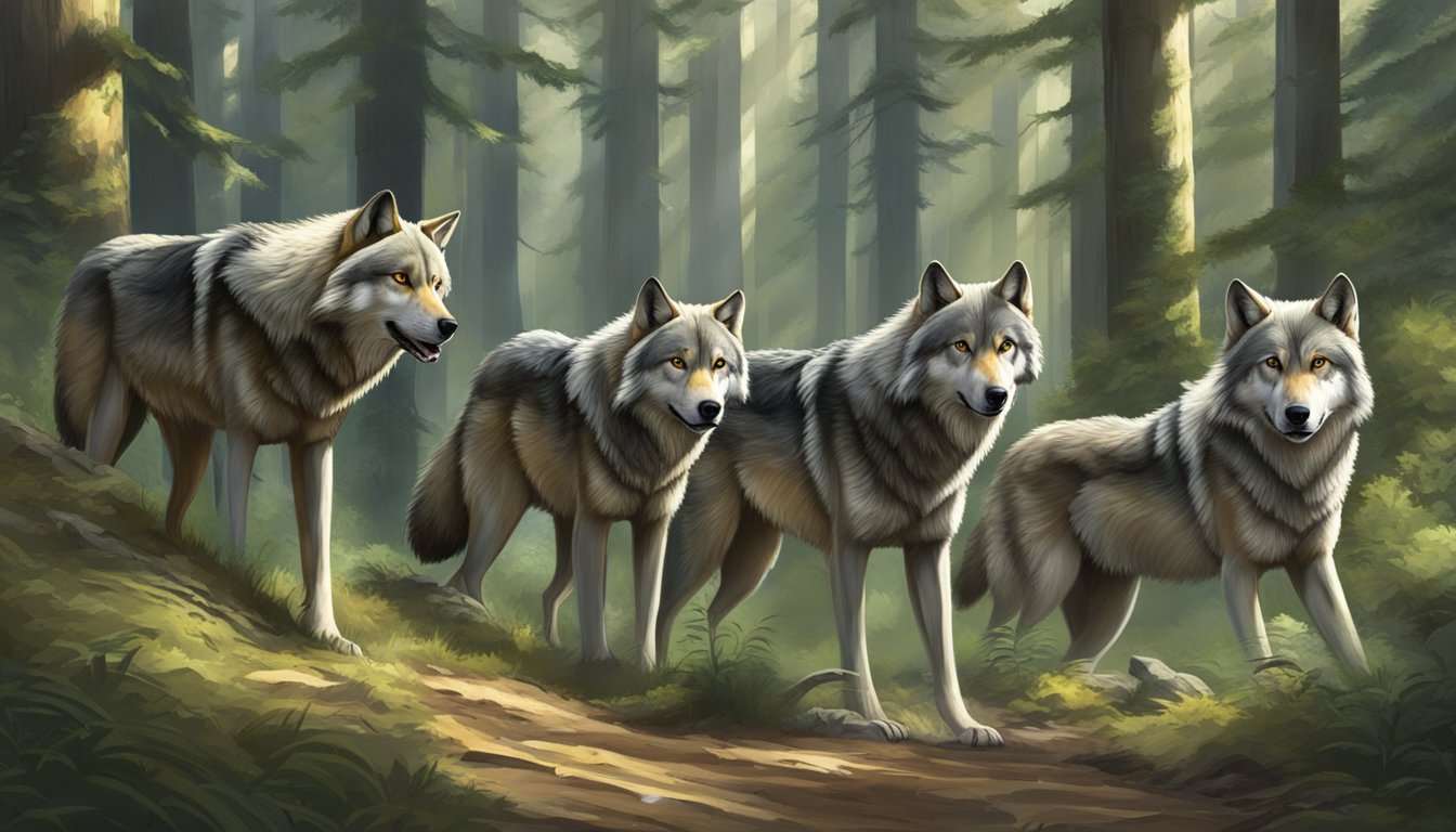 A pack of wolves roam freely through a lush, untouched forest, their powerful presence symbolizing the successful reintroduction of apex predators