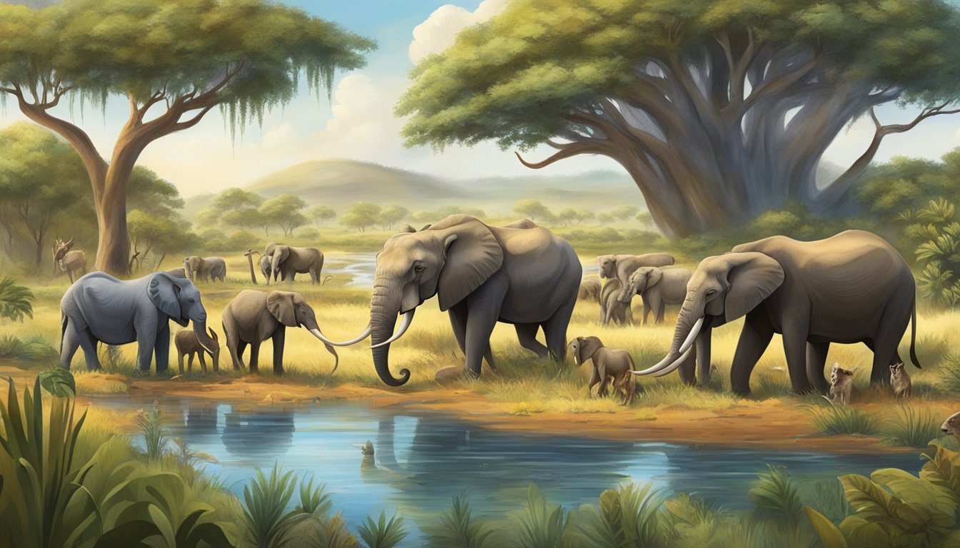 A diverse group of animals, including predators and prey, gather around a watering hole in a vibrant, lush savannah landscape