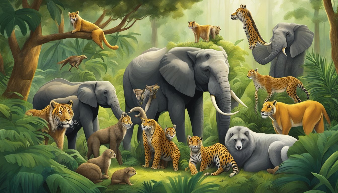 A diverse group of animals, including predators and prey, gather together in a lush, natural setting, symbolizing the unlikely alliances formed in wildlife protection