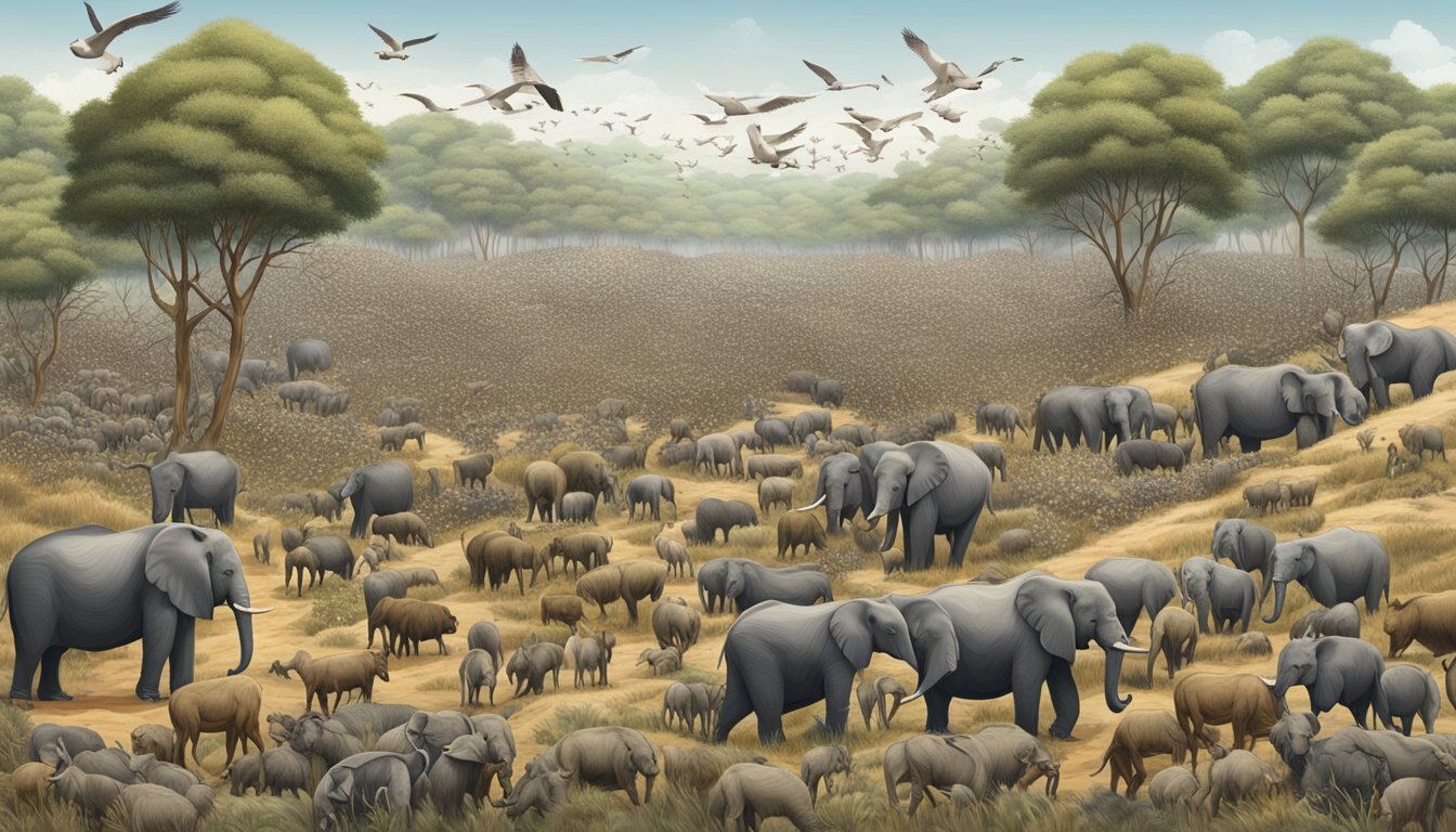 A crowded landscape of overpopulated wildlife, with signs of human-wildlife conflict. Management strategies are evident in the form of barriers and deterrents