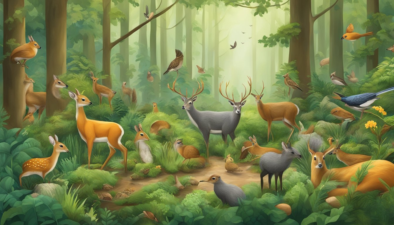 A lush forest with various wildlife species, including birds, squirrels, and deer, surrounding a feeding station filled with artificial food