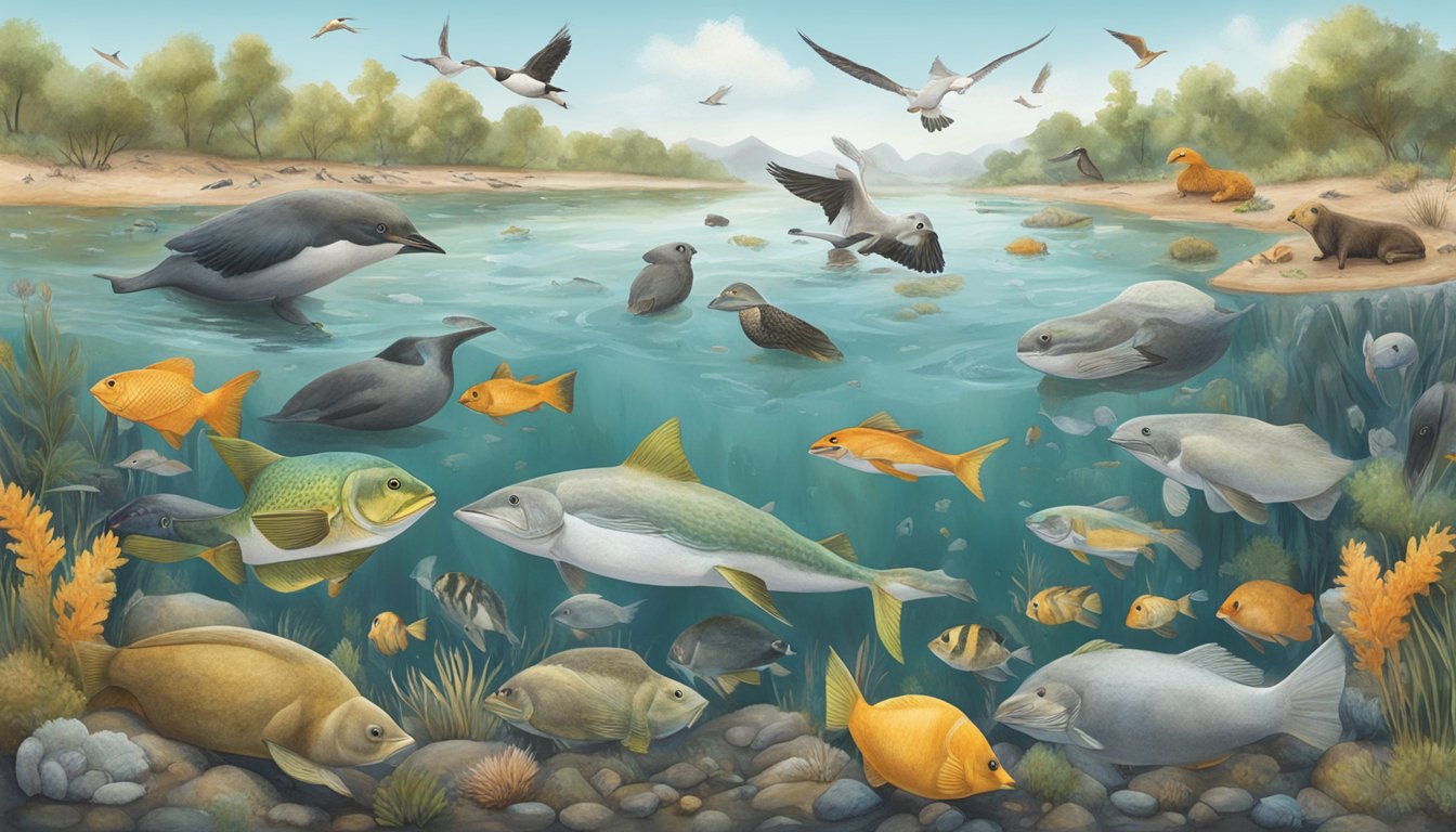 A diverse array of wildlife, including birds, fish, and mammals, gather around a polluted body of water, showing signs of distress and malnutrition