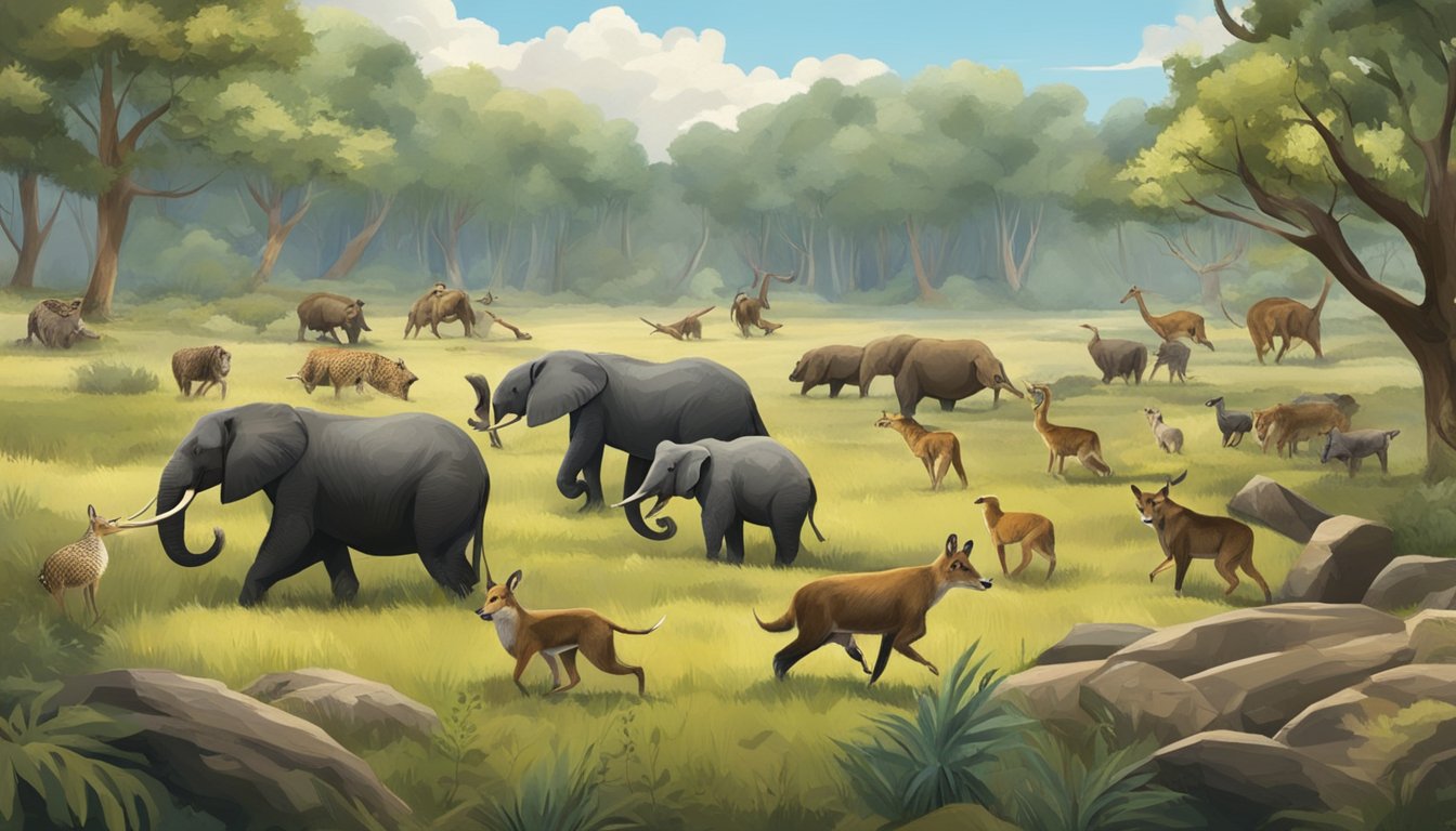 A group of animals in a natural setting, with some engaged in hunting for survival while others participate in a more leisurely or competitive manner