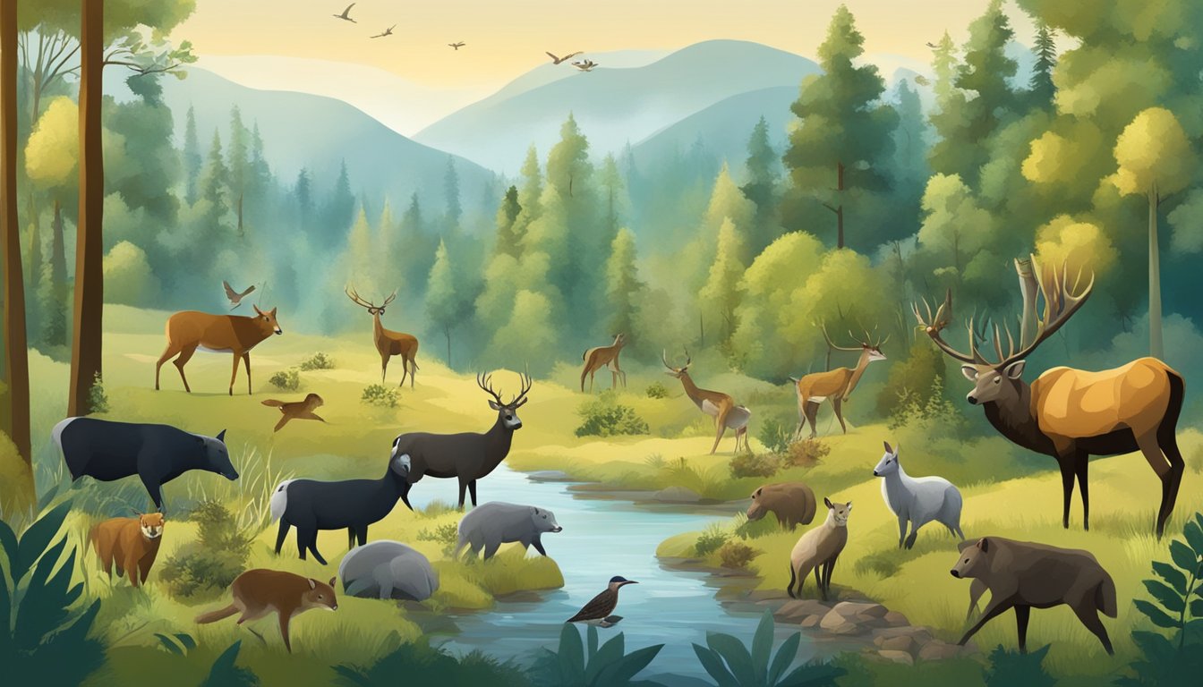 A forest landscape with a variety of animals, plants, and natural resources. A balance of human and wildlife interaction, showcasing sustainable hunting practices