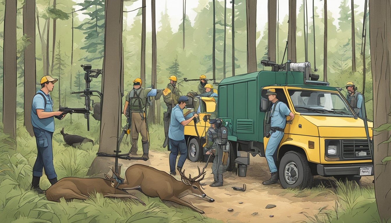 A group of wildlife biologists conducting a controlled culling of deer in a forested area, with tranquilizer darts and monitoring equipment visible