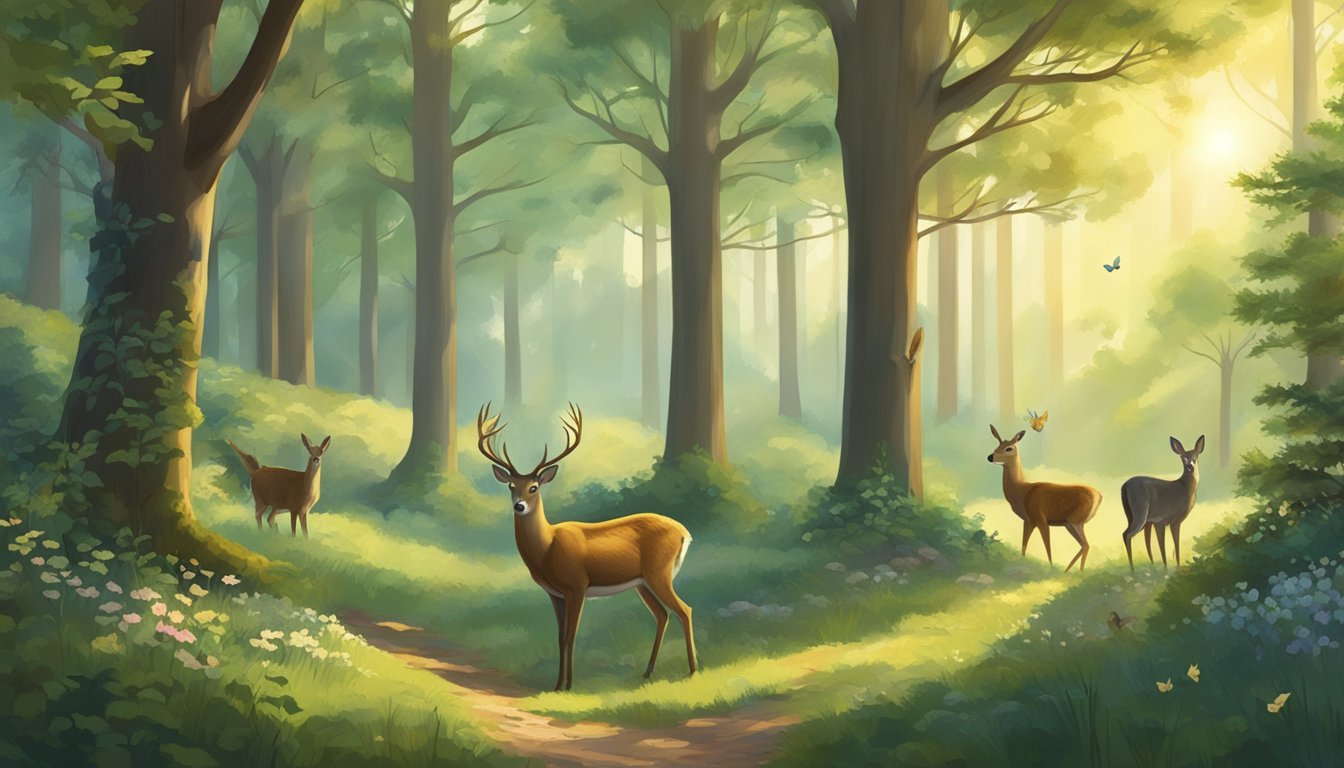 A serene forest clearing with a variety of wildlife peacefully coexisting, including deer, rabbits, birds, and butterflies. The sun is shining through the trees, casting dappled light on the scene