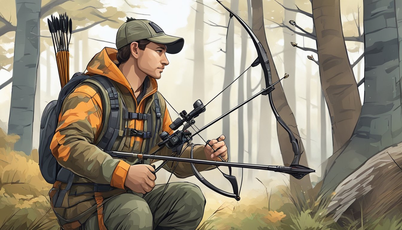 A hunter in traditional clothing holds a bow and arrow, surrounded by modern hunting equipment such as a GPS, trail camera, and high-tech camouflage gear