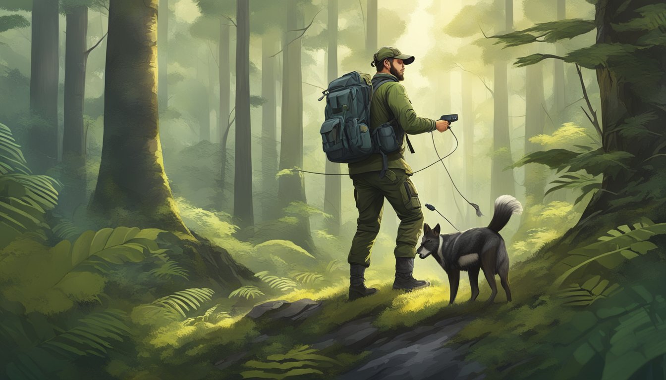 A hunter uses high-tech gear to track an animal through a dense forest, balancing the use of technology with the principles of fair chase