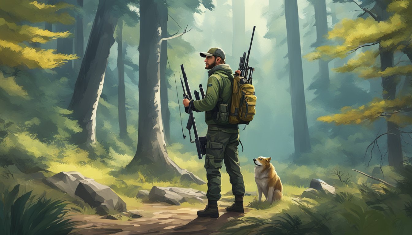 A hunter with high-tech gear standing in a pristine forest, surrounded by wildlife and nature