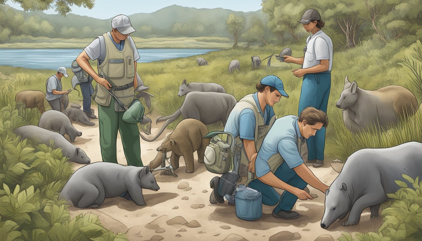 A group of wildlife biologists conducting a sustainable and ethical culling program in a natural habitat, carefully selecting and humanely euthanizing specific animals to maintain ecological balance