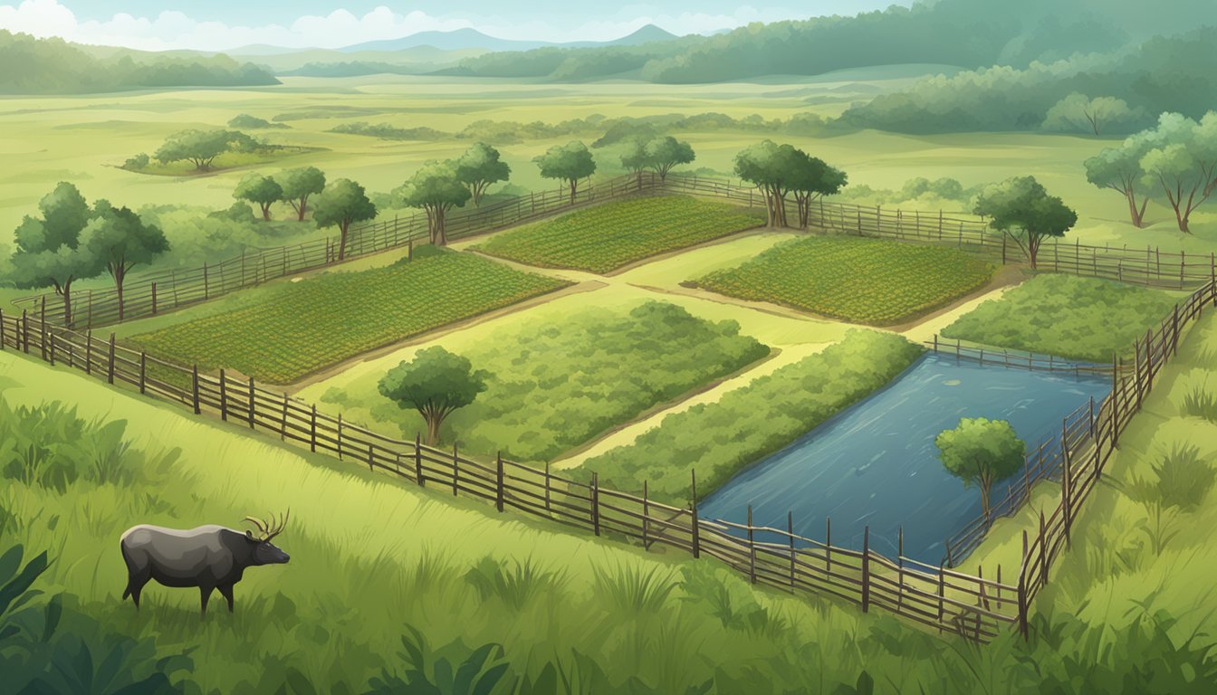 A sprawling game farm with high fences enclosing various habitats for wildlife, including open grasslands, dense forests, and water sources