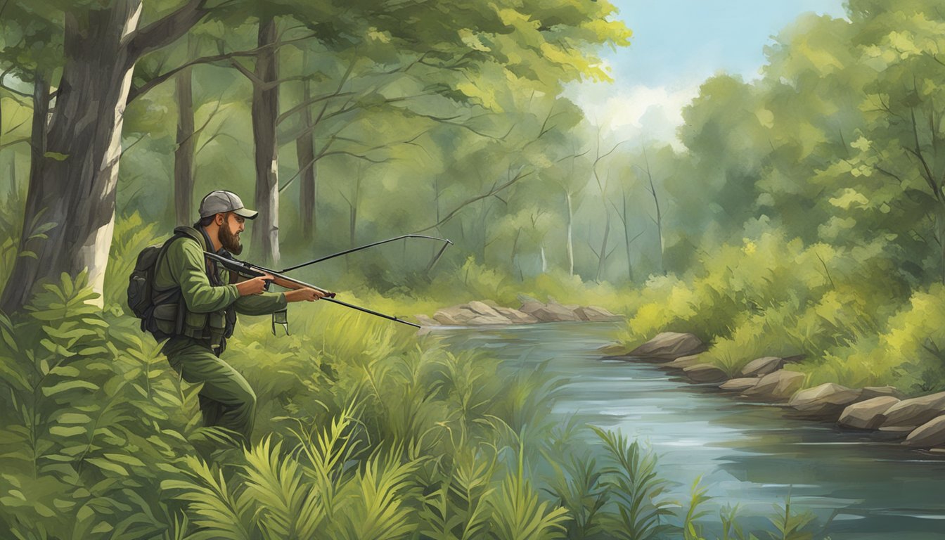 A hunter tracking and capturing invasive species in a natural environment