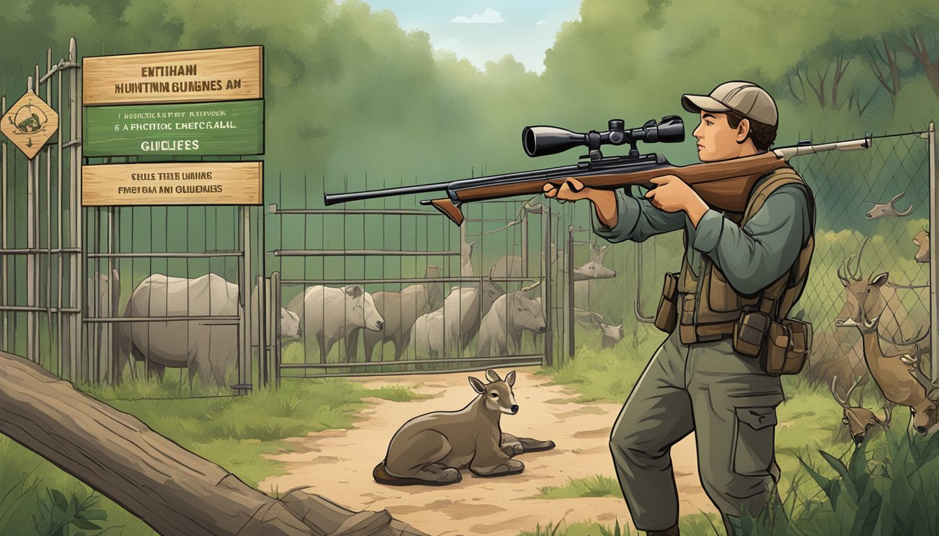 A hunter aiming a rifle at a fenced-in game farm, with wild animals inside and a sign displaying ethical hunting guidelines