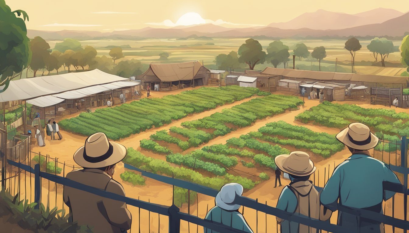 A game farm surrounded by a high fence, with a sign displaying ethical guidelines. Nearby, a bustling market and a government official reviewing economic reports