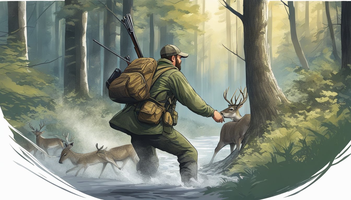 A hunter stalking a deer through a forest, adhering to fair chase principles