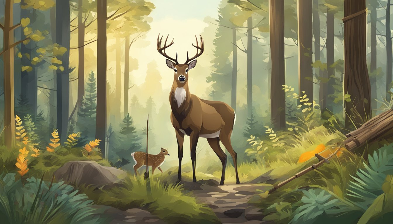 A forest landscape with various wildlife, including deer, birds, and small mammals. A hunter's equipment, such as a bow or rifle, is present in the scene