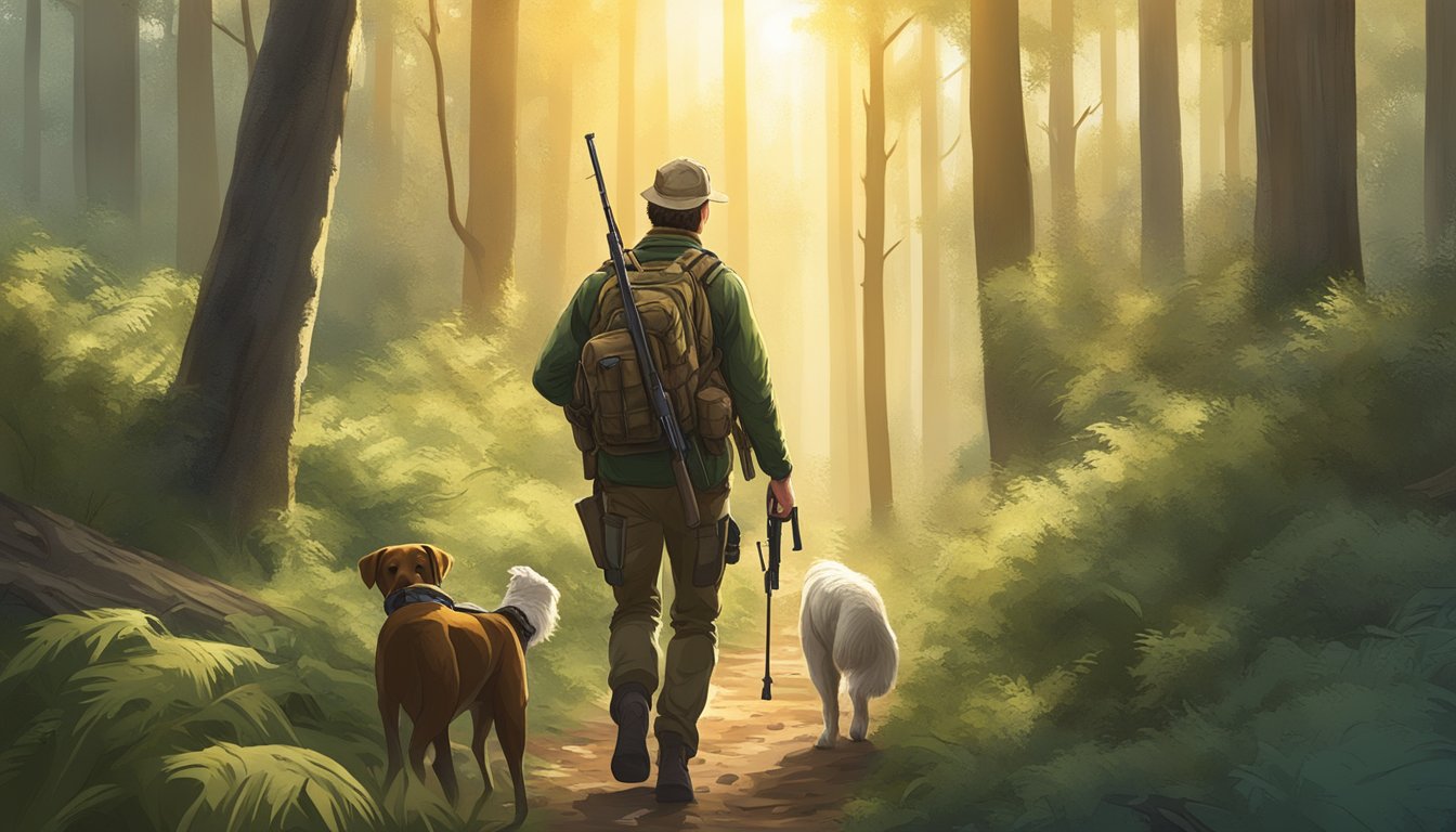 A hunter walking through a lush forest, carrying a rifle and accompanied by a loyal hunting dog. The scene is peaceful and serene, with the sun shining through the trees