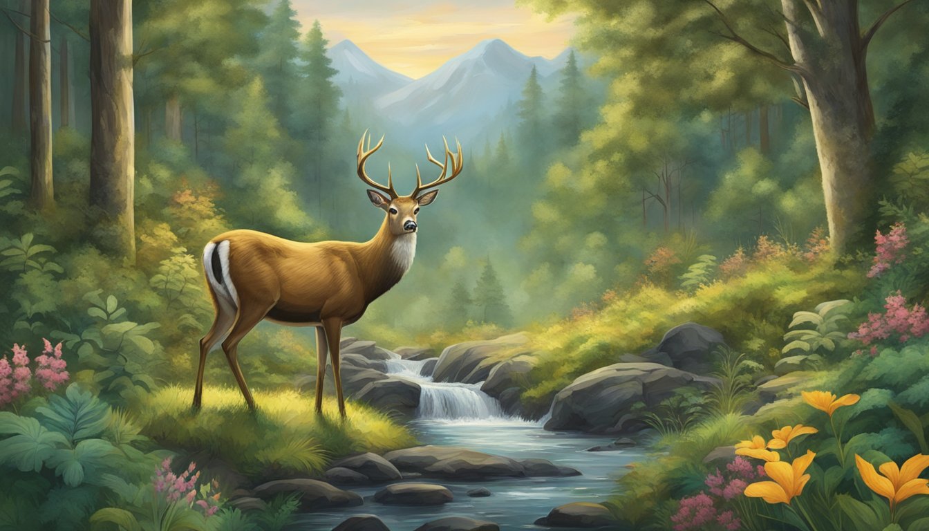 A majestic deer stands in a lush forest, surrounded by diverse wildlife. The scene exudes harmony and balance, reflecting the philosophy of fair chase in wildlife management