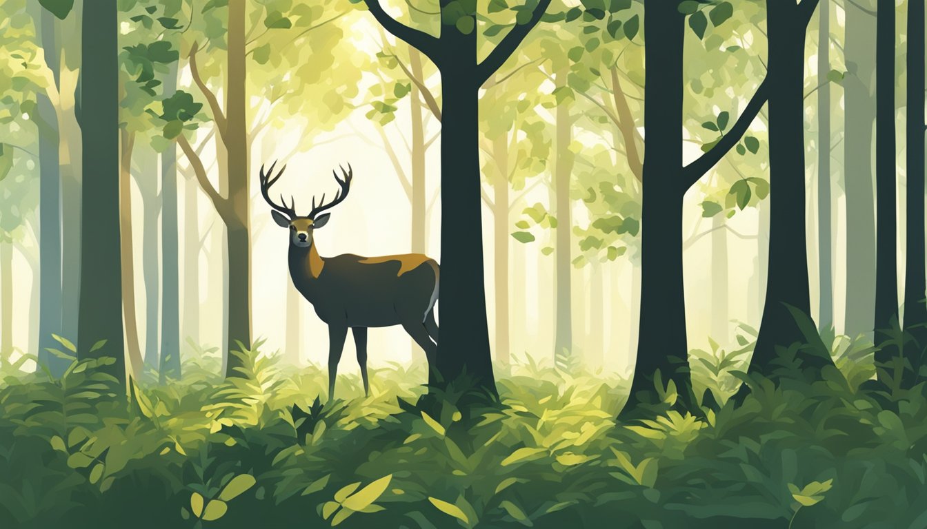 A deer peacefully grazing in a forest clearing, surrounded by tall trees and dappled sunlight filtering through the leaves