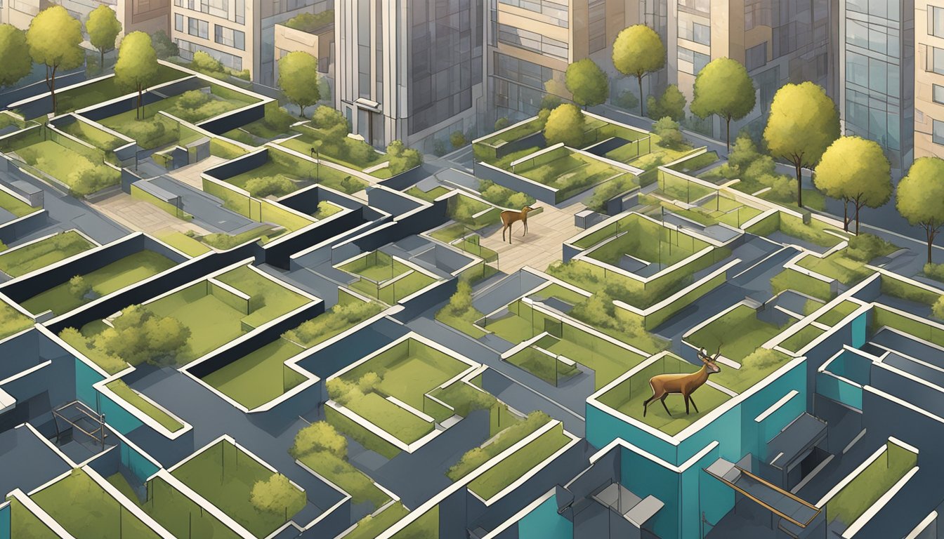 A deer navigating a maze of obstacles in a modern urban environment