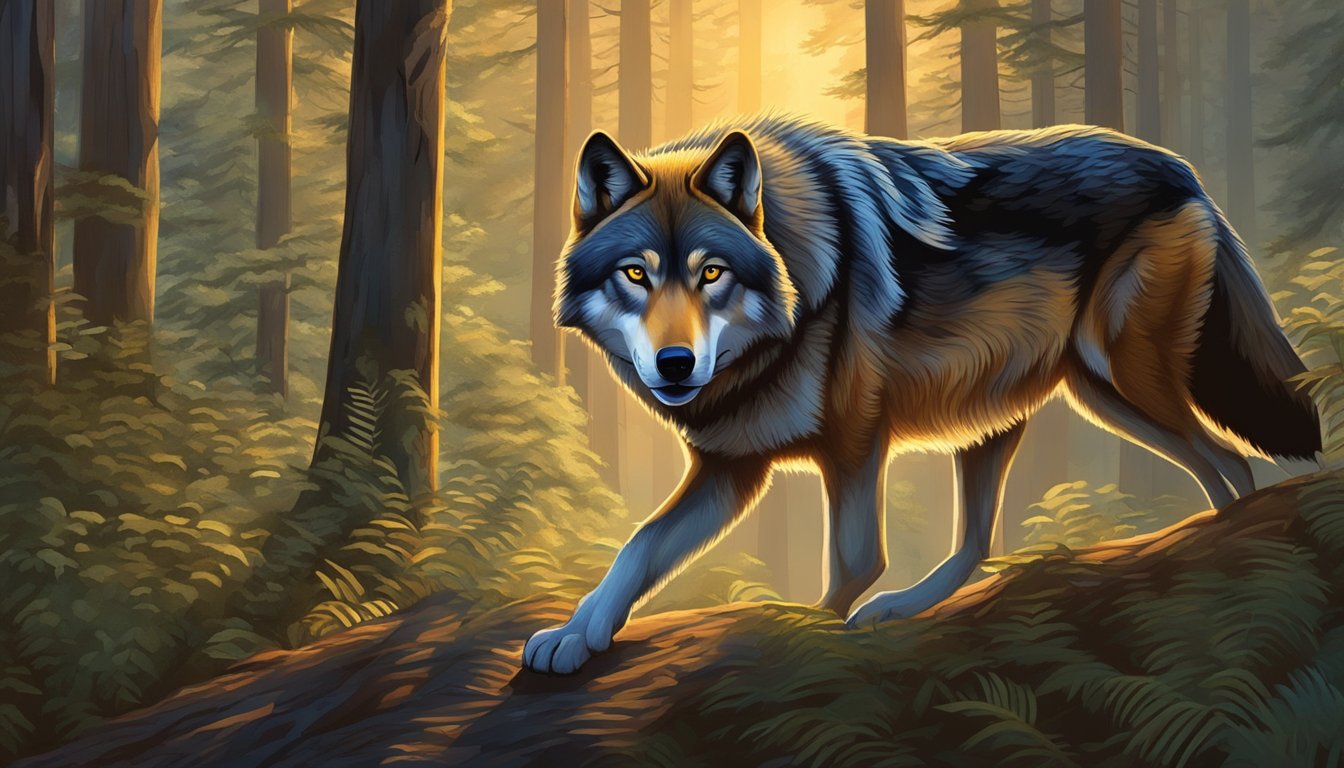 A lone wolf prowls through a dense forest, its keen eyes scanning the surroundings for prey. The setting sun casts a warm glow over the trees, creating a serene yet intense atmosphere