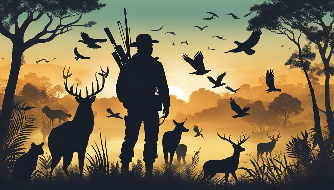 A hunter's silhouette against a setting sun, surrounded by diverse wildlife and lush vegetation, representing the complex relationship between hunting and ecosystem services