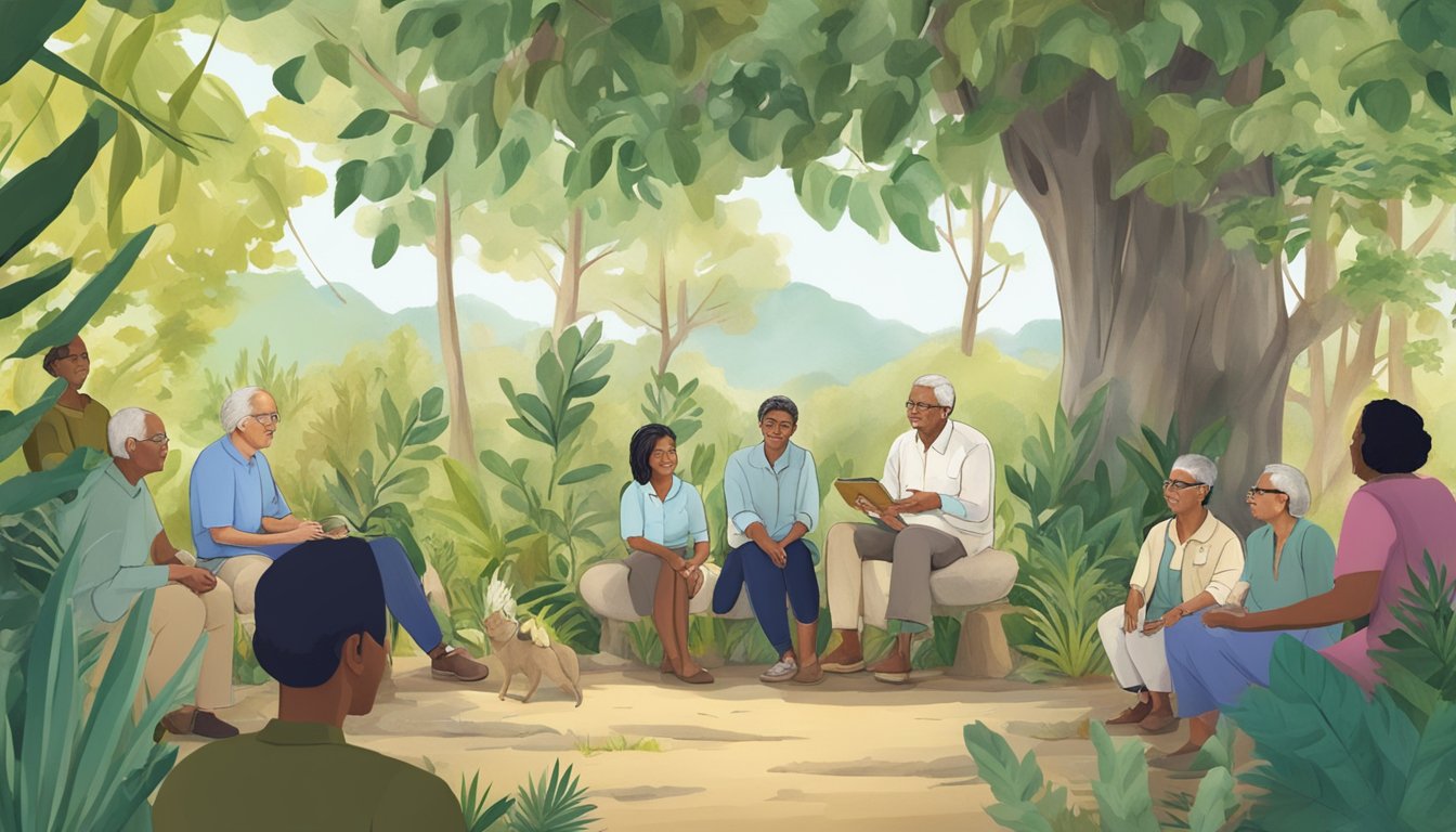 An elder sharing knowledge with a group of diverse individuals in a natural setting, surrounded by plants and animals