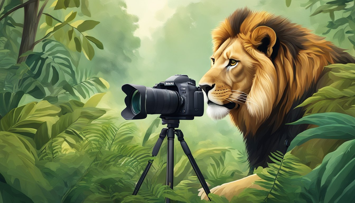 A camera capturing a lion in its natural habitat, surrounded by lush greenery and other wildlife, with a focus on ethical and respectful photography techniques