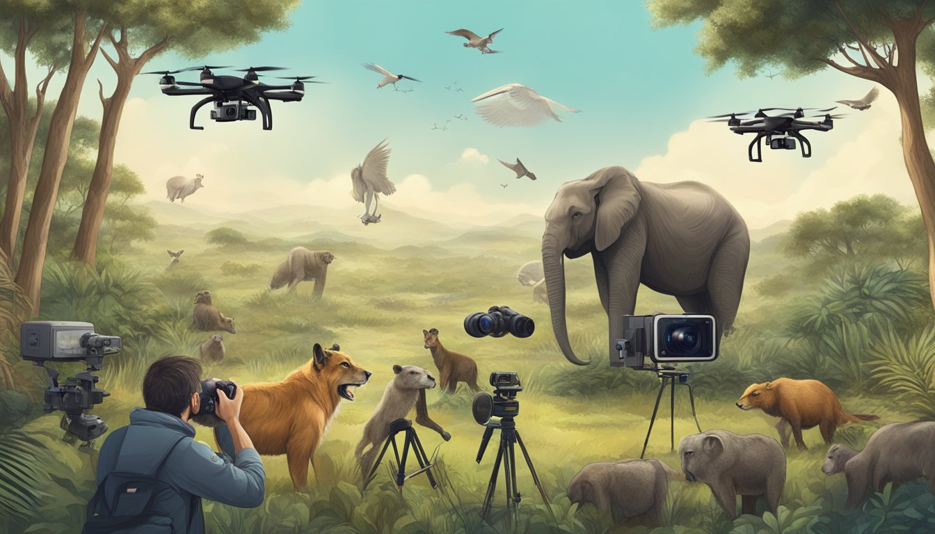 A camera capturing a group of wild animals in their natural habitat, with technology equipment such as drones and remote cameras visible in the background