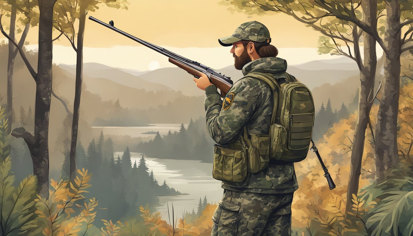 A hunter in camouflage gear holds a rifle while observing wildlife from a distance, surrounded by trees and nature