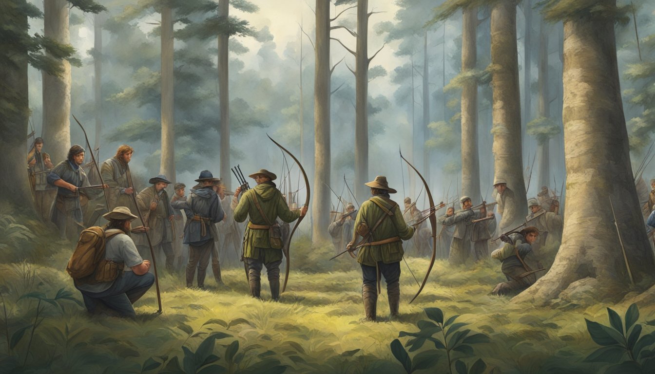 A group of hunters gather in a forest clearing, their bows and arrows at the ready. A large target stands at the far end, surrounded by onlookers