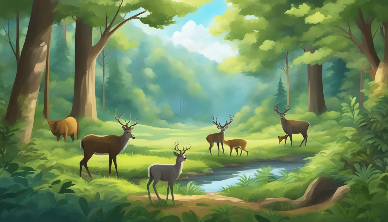 A serene forest clearing with various wildlife peacefully coexisting, showcasing the harmony and balance of nature in the absence of human interference