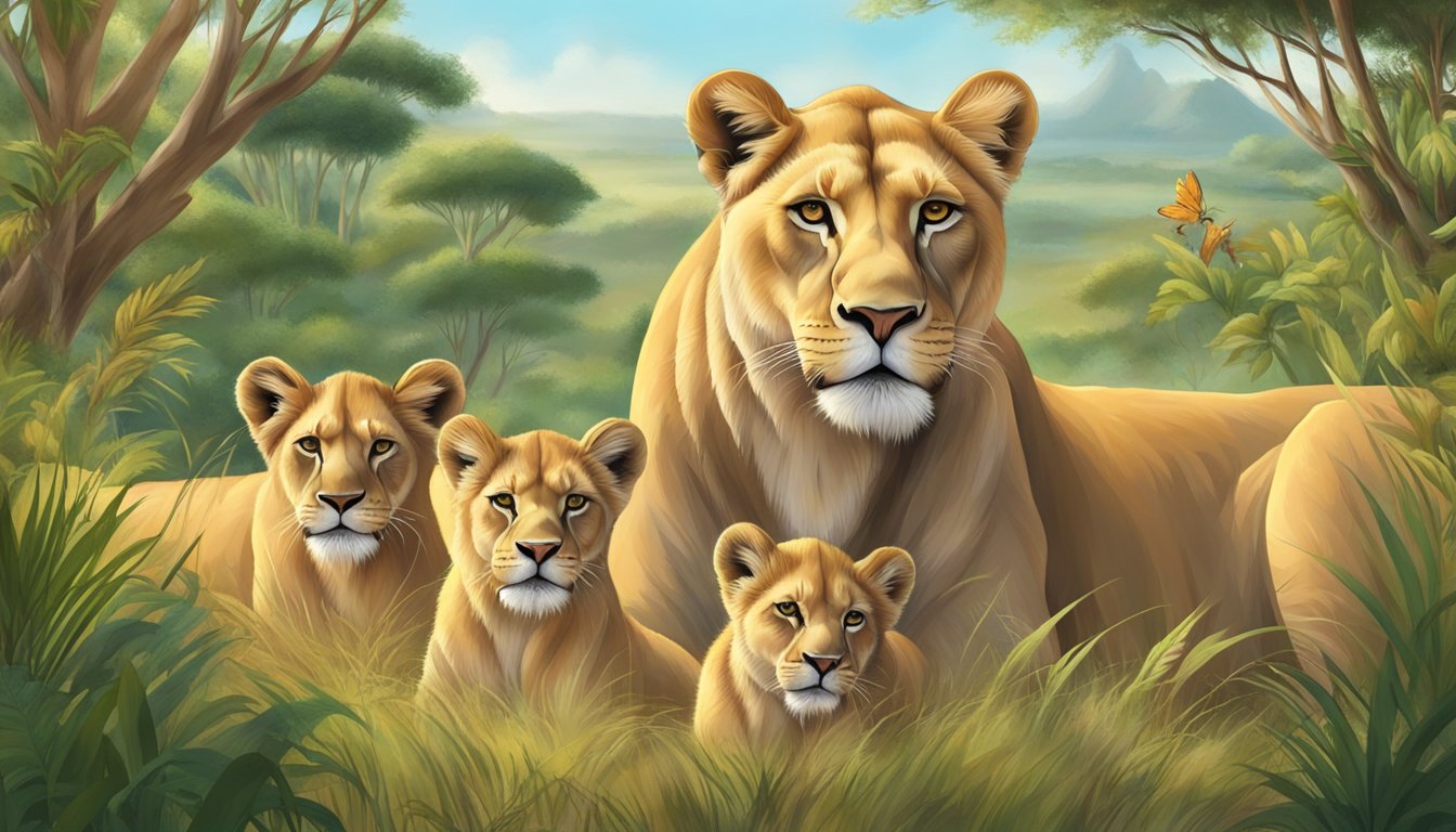 A lioness and her cubs roam freely in a lush savanna, surrounded by vibrant flora and diverse wildlife