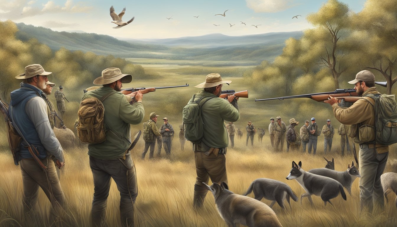 A group of hunters gather at a contest event, surrounded by wildlife and natural landscapes. Regulations and ethical considerations are highlighted in the background