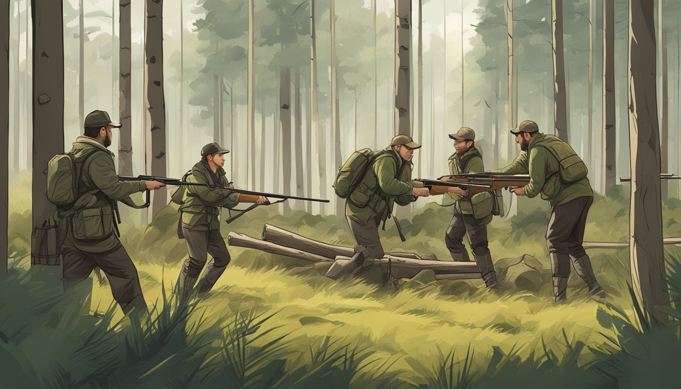 A group of hunters setting up targets and obstacles in a forest clearing for a hunting competition